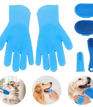 6PCS Pet Grooming Kit Silicone Dog Washing Gloves Bath Brush Dog Toothbrush Finger for Pet Bathing Massaging & Grooming