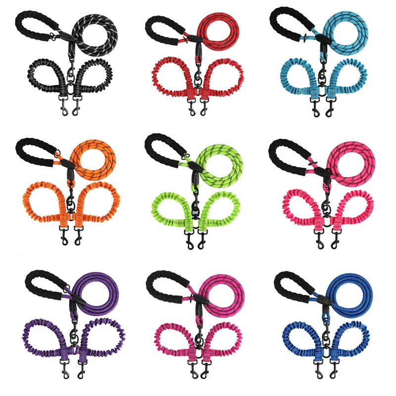 Pet Dog Double Leashes Elastic Rope Two Heads Nylon Two Dogs Collars Harness Leads Dog Leashes Dogs Leash Way Coupler Walk Two - Image 2