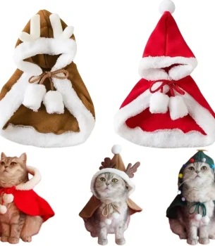 Funny Cat Christmas Costume Santa Cosplay Pet Christmas Cape Dress Up Clothes Warm Red Scarf Cloak With Hat Pet Accessories