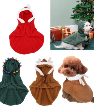 Christmas Cat Outfit Pet Hooded Cape with Pompoms Puppy Cape Cat Costume Pet Christmas Cloak for Xmas Party